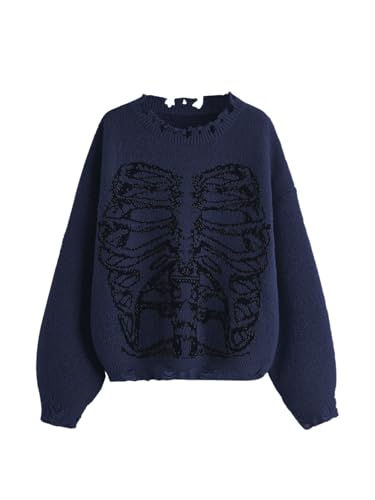 SHENHE Women's Oversized Skeleton Pattern Ripped Round Neck